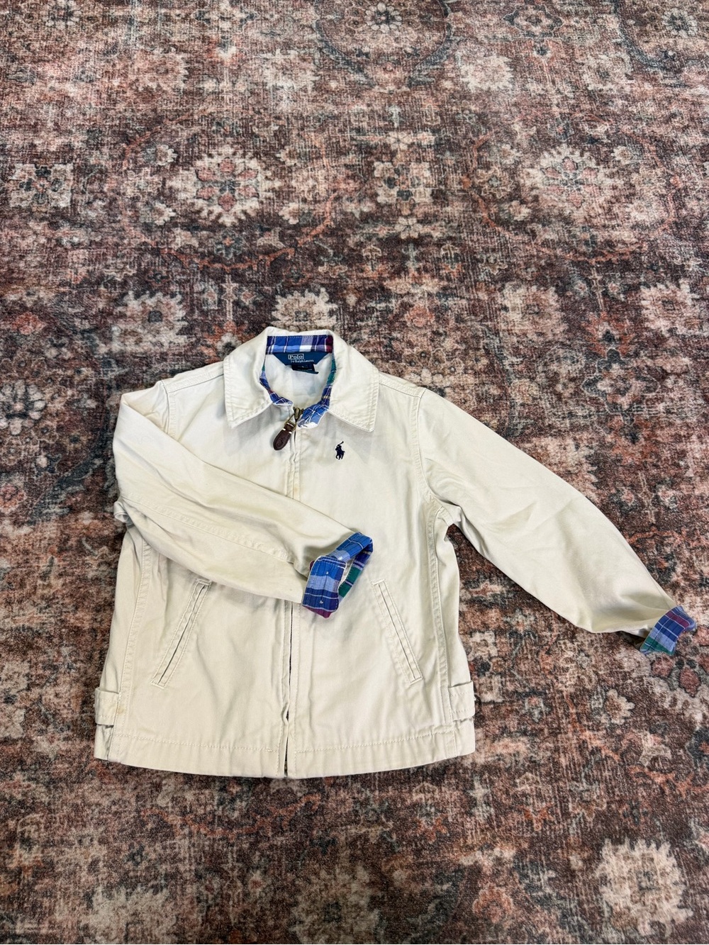Polo Ralph Lauren Boys Size 5 Beige Cotton Full Zip Jacket Plaid Trim Pony Logo